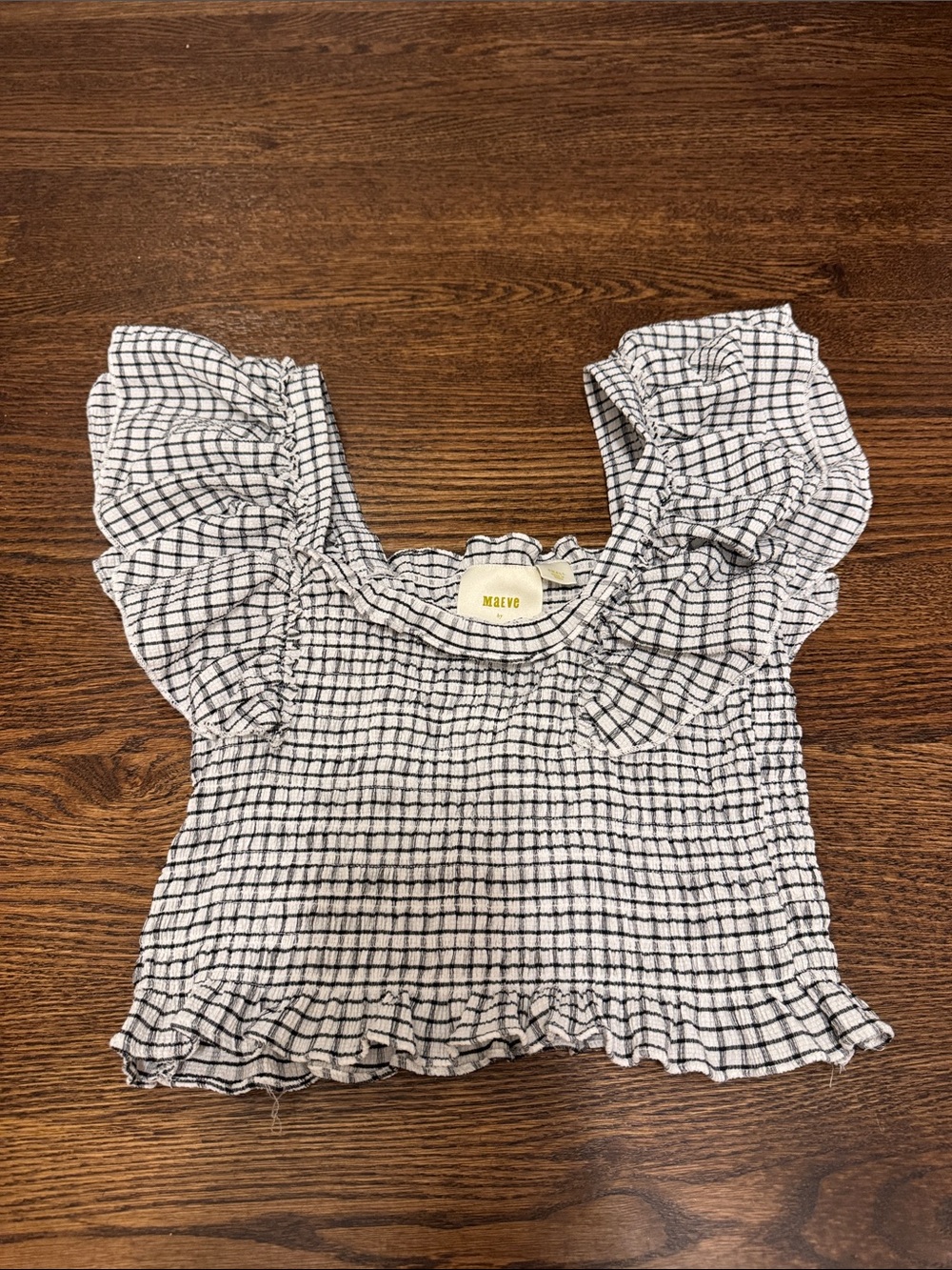 Anthropologie Black & White Gingham Ruffle Sleeve Top